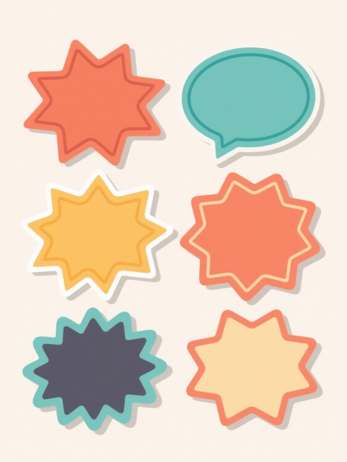 6个不同配色、不同样式、不同材质的爆炸贴造型，采用简约扁平风格，线条圆润流畅，色彩鲜明对比，每个爆炸贴边缘有放射状装饰线条，整体呈上下两行整齐对齐排列，背景为浅色，画面简洁干净，视觉层级清晰，适合用于提示或装饰用途。预览效果