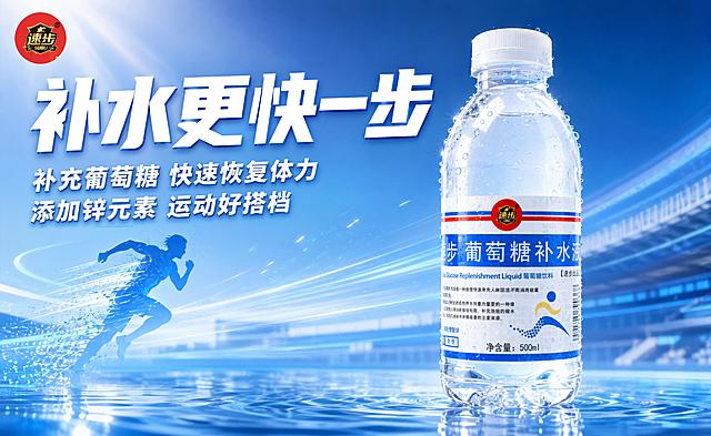 铂金主图，速步葡萄糖补水液饮料电商主图。画面中央偏右放置一瓶速步葡萄糖补水液（保持产品外观、瓶身标签、蓝白红配色与输入产品图绝对一致，杜绝变形和色差，精细化处理），产品占比约65%。背景为渐变蓝色运动场景，左侧有抽象的跑步人物剪影和能量流线，底部有水面波纹倒影效果，瓶身有晶莹水珠。左上角品牌Logo。主标题超大号粗体字："补水更快一步"，下方两行卖点："补充葡萄糖 快速恢复体力" "添加锌元素 运动好搭档"，文字为白色带轻微蓝色描边，左上方排版，清晰醒目。整体风格活力运动风，蓝白渐变配色，高级通透质感，商业摄影级光影，主光从左上方打来，产品有立体感。画面无二维码占位区，无电商平台Logo，无水印。