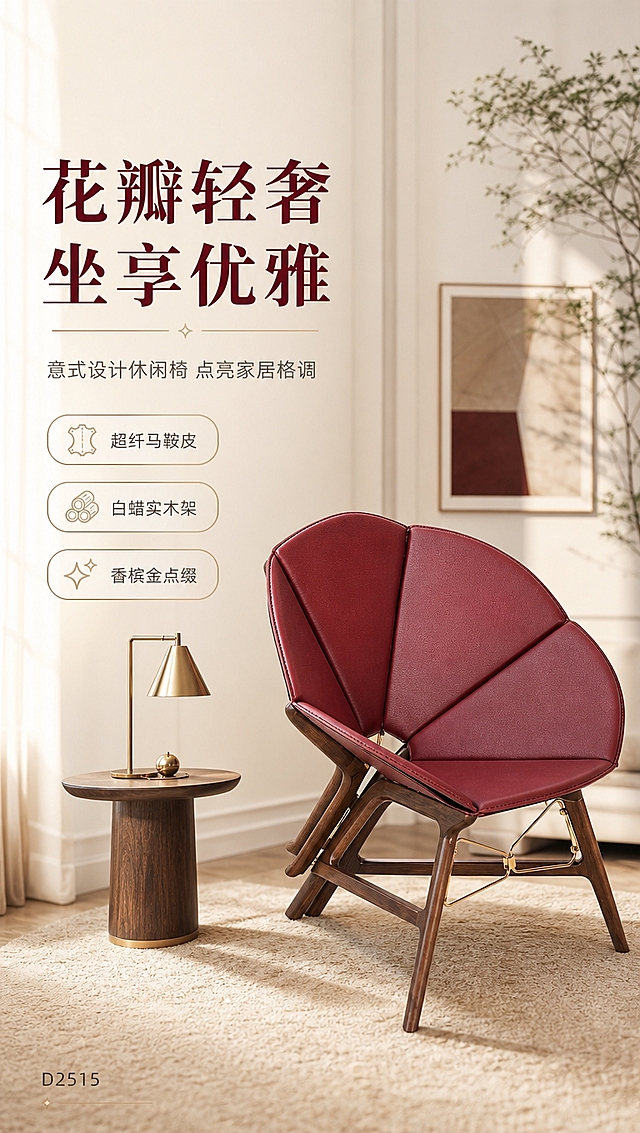 [商品] 使用【图1】D2515酒红色花瓣造型休闲椅；保留三瓣花瓣式靠背结构、酒红色超纤马鞍皮面料、白蜡实木深棕色底架、香槟金亮光不锈钢交叉连接件、整体比例和造型；商品处理：增强马鞍皮纹理质感，强化实木木纹细节，提亮香槟金金属光泽，保持产品结构不变形。
[画面] 目标：意式轻奢风格空间头图，建立高级大气第一印象。左文右景构图，左侧约1/3竖列文案区，右侧2/3为整屋轻奢客厅场景；产品位于画面右侧视觉中心，占画面约55%，45度侧视角度；前景浅米色地毯，中景休闲椅+同色系边几+金属台灯，后景虚化的米白色墙面+艺术挂画+绿植；午后暖调自然光从左侧窗户洒入，营造慵懒高级居家氛围。
[视觉] 套系策略：风格=意式轻奢高级商业摄影；标题字=现代衬线粗体（优雅轻奢感）；正文字=简洁无衬线体；主色=酒红+米白+暖金；背景延展=基于米白+暖金做深浅层级、同色渐变和细腻石材/织物质感；强调色=香槟金，仅用于小面积图标、引线、标签和金属光效；标题色=深酒红；正文色=中暖灰；组件=圆角浅金信息卡、细金线引线、轻奢风icon；光影=左前侧暖柔光+右侧补光，产品立体感强。
[文字] 左侧竖列：主标题「花瓣轻奢 坐享优雅」（8字），副标题「意式设计休闲椅 点亮家居格调」（14字），下方3条亮点胶囊标签：「超纤马鞍皮」「白蜡实木架」「香槟金点缀」；左下角小字标注型号「D2515」；文字不遮挡产品主体。
[规格] 淘宝/天猫详情页，单屏比例9:16竖版，4K分辨率，负向提示：避免变形、错字、文字过小、冷蓝灰背景、产品颜色改变、结构失真、极限词、平台Logo水印。