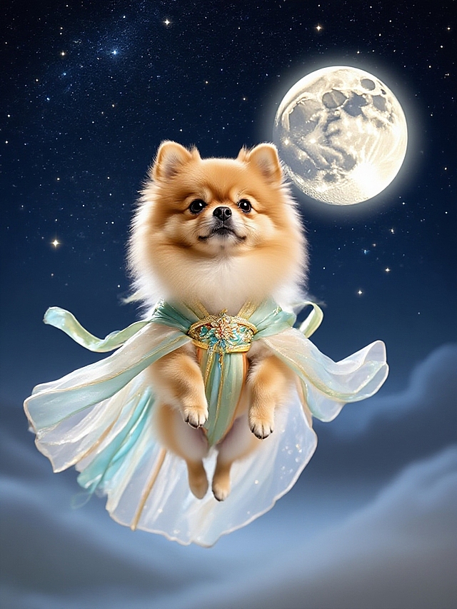 梦幻水彩风，小狗拟人化，身着轻纱，飘浮夜空，满月映衬，超现实童话场景。