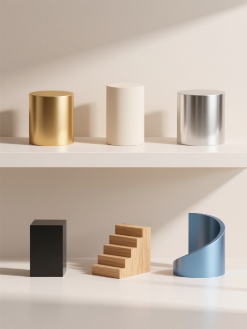 3D渲染的展台素材，极简主义风格，上下两行对齐排列，浅色背景，六个不同配色、不同样式、不同材质的展台，包括金色圆形展台、米白色圆柱形展台、银色方形展台、黑色矩形展台、原木色梯形展台、蓝色弧形展台，光滑的金属质感，柔和的光线，清晰的阴影，高分辨率，展示设计感，简洁大气，适合产品展示预览效果