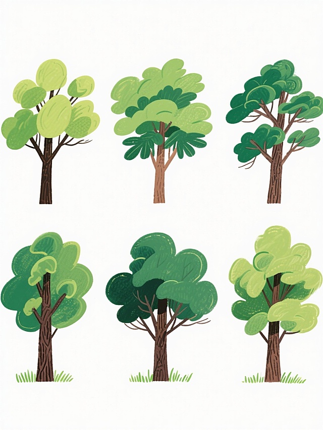 6棵不同样式、不同品种、不同外观的树木，排列整齐，均采用手绘插画风格，树干呈深棕色带有粗糙纹理，树叶为不同层次的绿色系（包括嫩绿、翠绿、深绿等），叶片边缘有清晰的手绘笔触，每棵树底部有短小的绿色草丛，整体画面以纯白色为背景，树木之间保持均匀间距，构图平衡对称，色彩鲜明且和谐统一，呈现出自然清新的视觉效果。