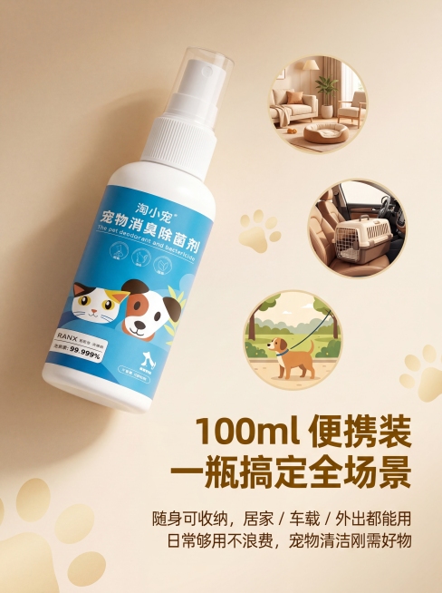 [主图5]场景性价比提升下单欲宠物除臭喷雾主图；[氛围风格]轻奢温馨养宠氛围，暖调柔光；[画质]商业摄影质感，8K超高清，产品清晰真实画面干净高级；[元素]保持输入的宠物消臭除菌喷雾产品外观物理结构、预览效果