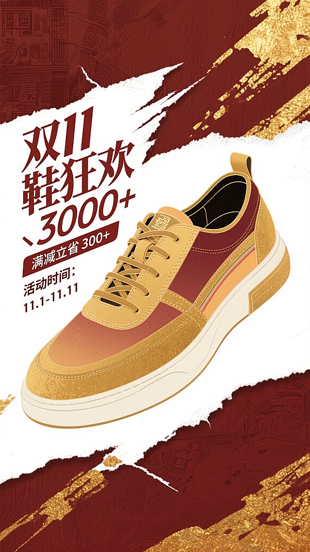 国潮风撕纸设计，鎏金纹理点缀，复古与时尚交融，突出体积感与促销氛围，双11鞋类狂欢视觉冲击力十足。