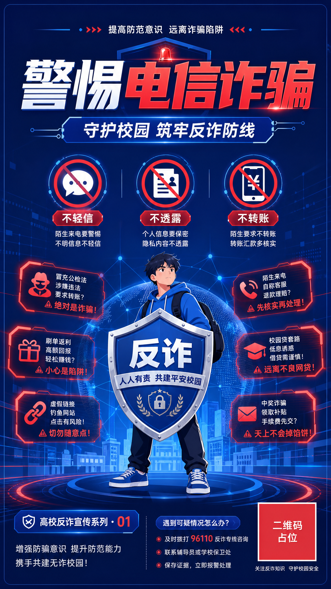 高校反诈宣传海报，扁平插画风格，竖版9:16。画面主视觉为一名… - 图片创意预览