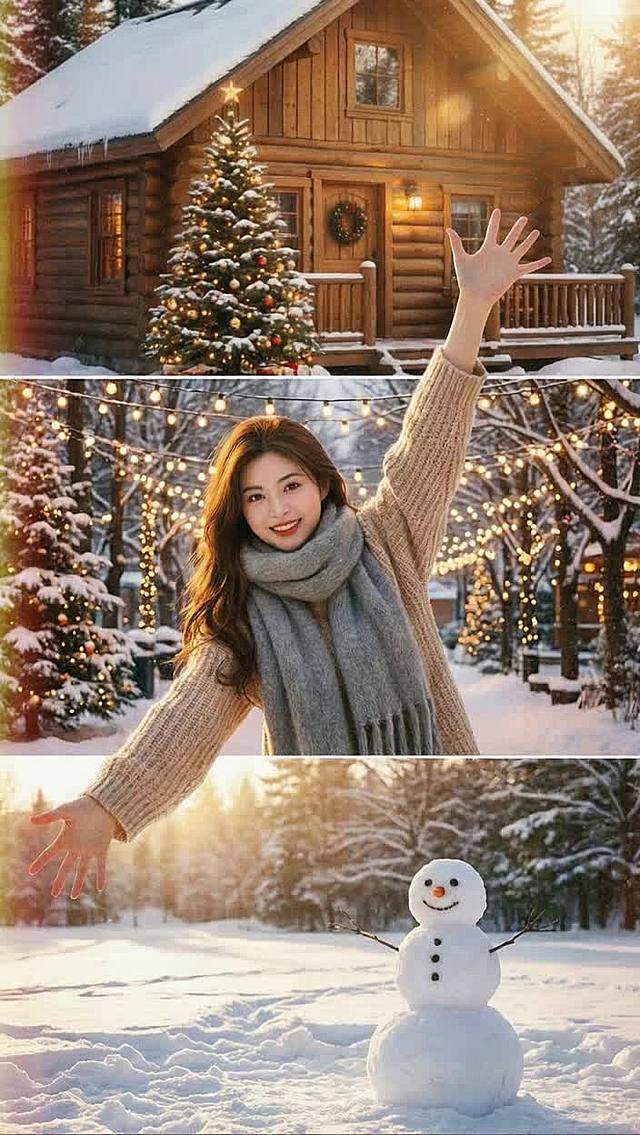 温暖冬日雪景，木屋圣诞树与笑脸雪人营造喜庆氛围，光影柔和，实景与动漫风融合，拟人化细节增添梦幻感，胶片质感呈现温馨节日记忆。