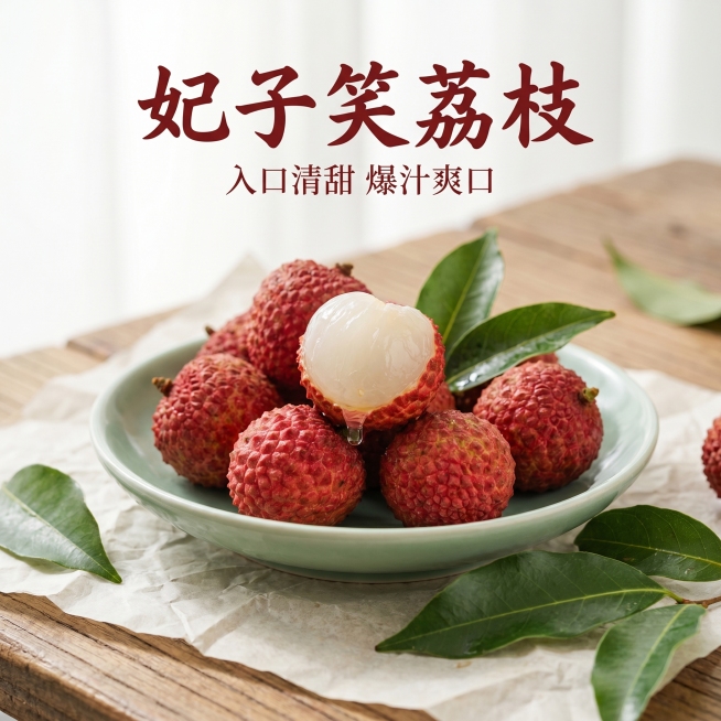 [主图 1] 妃子笑荔枝新鲜采摘首图，国风简约版。
[氛围风格] 国风清新自然风，雅致高级食欲感；
[画质] 商业摄影质感、光线柔和通透、产品清晰真实、画面干净高级，超高清。
[元素] 剥开带汁的妃子预览效果
