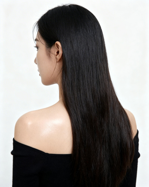 女性背影，过腰长发，黑色露肩上衣，纯白色背景，写实风格预览效果