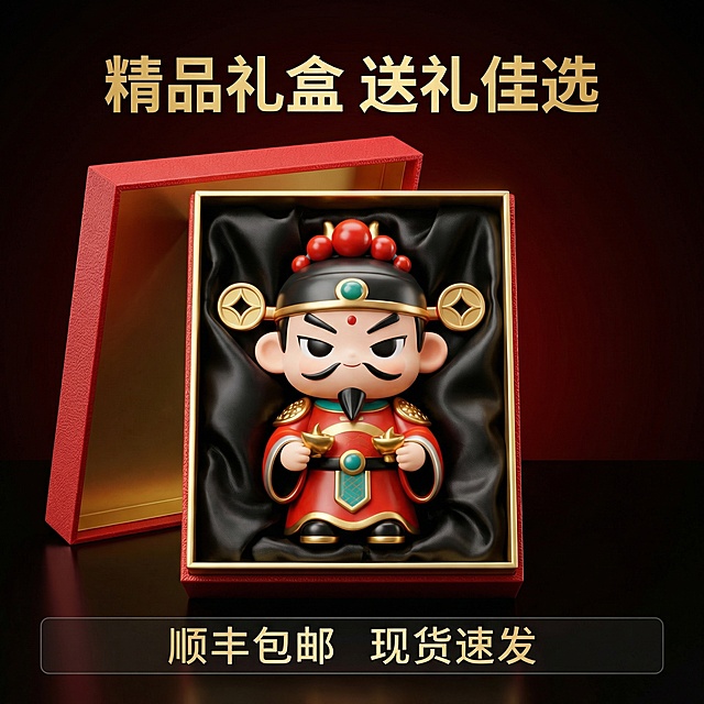 [主图 5 送礼场景转化]
主图主题：财神手办礼品属性展示
氛围风格：神秘高端礼盒氛围，保持红金暗调统一风格
画面元素：财神手办放置在打开的红色质感礼盒中，礼盒内衬黑色绸缎，展示完整礼品包装，手办清晰露出，背景保持神秘深色渐变，突出产品适合送礼的属性
配色色系：主色调红色礼盒搭配黑色内衬，产品红黑金，背景深色，整体和谐统一
视角构图：居中平视展示，礼盒打开呈现产品，构图饱满主体突出
文字版式：主标题 "精品礼盒 送礼佳选"，金色粗体无衬线字体悬浮于画面顶部，底部半透黑色悬浮条，文字 "顺丰包邮 现货速发"，白色字体横向排列，两端留空，不遮挡产品主体，符合构图规范
比例分辨率：1:1比例，2K分辨率