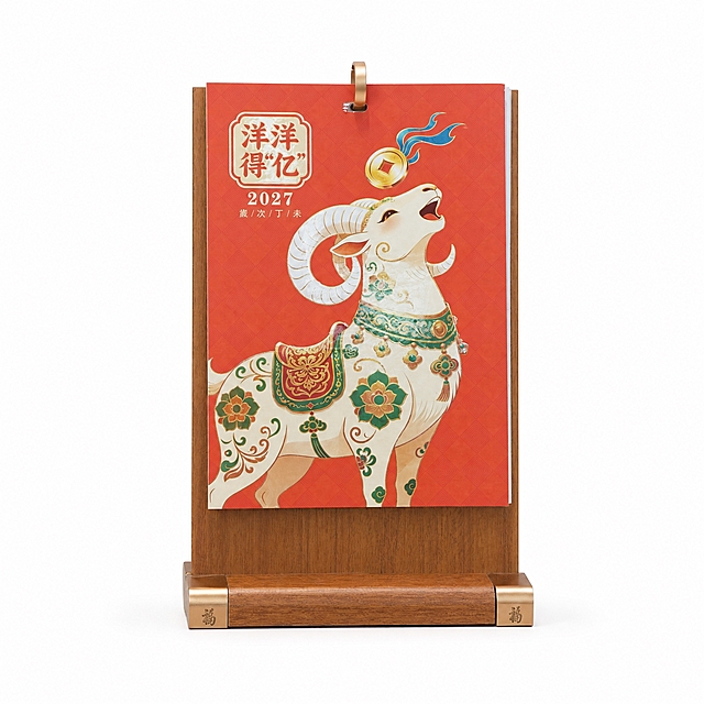 产品精修, 产品置于纯白背景上, 专业商业棚拍光, 5500K标准中性白光, 轮廓光, 体积光, 曝光正确, 强烈真实立体感, 提亮黑色/深色区域的结构层次, 拉开明暗过渡, 恢复部件边界、接缝、转折面和厚度关系, 避免一片死黑但保持原图深色属性, 接地处保留干净浅淡的自然接触阴影, 严禁大片投影、脏灰阴影和悬浮感, 主体居中, 商品完整入画不裁切, 商品外轮廓视觉体量约画面60%-80%, 四边均匀留白约10%-20%, 严禁满幅铺满与贴边顶满, 极致超清画质, 细节清晰锐利, 4K分辨率, 商业级实拍质感, 保留原图真实材质与结构细节, 明显提升商品表面洁净度, 清理灰尘、污渍、指纹、油污、胶痕和霉点, 让表面从脏旧发闷变为干净可售卖状态, 修复划痕、磨损、掉漆、飞边毛刺和使用旧痕, 翻新为干净商业新品感, 基于原图材质恢复纹理、颗粒、折射、高光、柔韧折痕、透明边线或工艺细节, 避免糊成塑料感, 锁定原图商品颜色, 颜色以输入图为唯一参考, 分段部件颜色边界按原图锁定, 还原真实物理色彩, 消除灰暗感和偏色, 锁定原图商品轮廓、件数、部件位置、连接关系、标签文字和可见功能细节, 只做精修不重绘结构, 台历木质底座: 木质纹理自然, 纹路方向和色差按原图保留, 台历橙红羊年页面纸张: 哑光/半哑光纸质质感, 柔和漫反射, 低高光, 金属环扣与装饰件: 光面金属质感按原图锁定, 高光边线清晰, 反射干净但不过度镜面化, 正视图, 标准透视校正, 正常透视焦段, 保持同类机位, 比例1:1