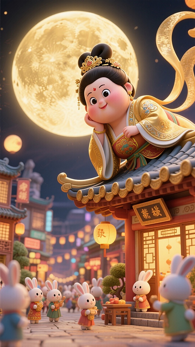 画面呈现金色调：巨人版胖嫦娥（看起来可爱又漂亮，大眼睛）脑袋侧枕着手臂从屋顶后探出，与下面的微缩的小兔国（熙熙攘攘的拟人兔子在繁华的街道过中秋节）互动，非常规的创意构图，中秋节庆的氛围，顶部硕大的月亮，