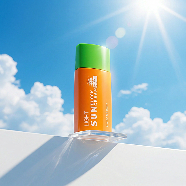 将新款防晒产品调整放置到场景偏右的位置，自然融入蓝天白云场景，放在透明展示台上。保持产品瓶身外形、所有文字和Logo完全不变，严格匹配场景光影：光源从右上方来，生成对应受光面和自然投影，近实远虚。保留天空蓝色环境漫反射到产品边缘，消除抠图白边，添加光晕溢出效果，保持整体明亮通透干净的商业摄影氛围，保留原图阳光丁达尔效果。负向提示词：瓶身扭曲，Logo变形，文字错误，多余部件，比例失调，死黑阴影，硬光，高对比度，畸变透视