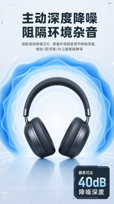 [第3屏] 核心卖点展示页-无线降噪头戴式耳机深度降噪功能演示。
[氛围/风格] 科技功能展示风，专业通透，视觉有冲击力，保持整体现代简约科技风统一。
[元素布局] 页面中心为本款无线降噪头戴式耳机，预览效果