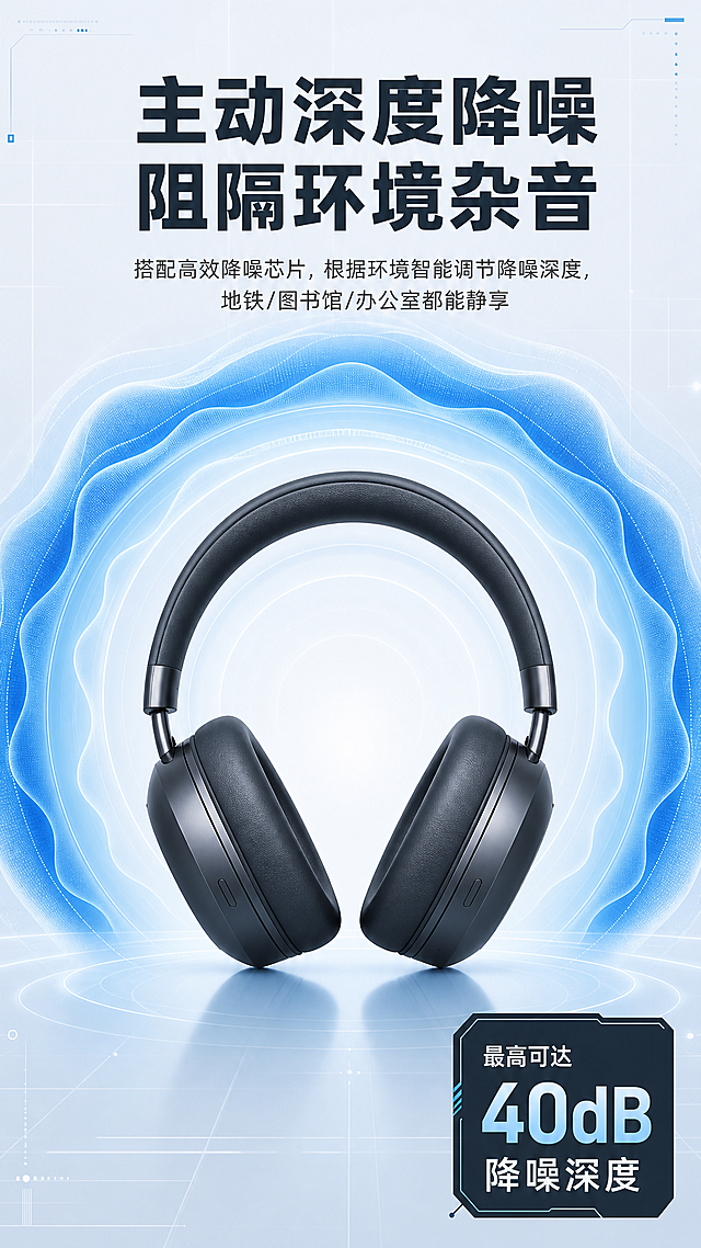 [第3屏] 核心卖点展示页-无线降噪头戴式耳机深度降噪功能演示。
[氛围/风格] 科技功能展示风，专业通透，视觉有冲击力，保持整体现代简约科技风统一。
[元素布局] 页面中心为本款无线降噪头戴式耳机，产品放置在中心位置，占比约60%，保持产品结构、颜色、材质和前屏一致。耳机周围环绕可视化动态降噪波纹效果，用深浅不同蓝色半透明波纹表示噪音被阻隔在外，内层波纹更干净清晰，直观展示降噪原理。背景搭配浅灰渐变，点缀简单科技网格线条，不抢主体。
[光影质感] 中心产品主光突出，降噪波纹使用柔和渐变光，背景简洁明亮，产品轮廓清晰，波纹层次通透，整体光影干净不杂乱。
[配色色系] 全局底色：#F0F4F8（浅灰蓝）；主体耳机：#2C3E50（深空灰）；降噪波纹：从外到内#3498DB（深蓝）到#AED6F1（浅蓝）渐变；文字：#2C3E50（深灰）。
[视角构图] 中心主体构图，正面平视，耳机居中，波纹环绕，标题在上，说明文字在下，构图均衡稳定。
[文字版式] 顶部通栏主标题「主动深度降噪 阻隔环境杂音」，居中，加粗黑体，字号约画面宽度6%。标题下方小字说明「搭配高效降噪芯片，根据环境智能调节降噪深度，地铁/图书馆/办公室都能静享」，居中，深灰色小字。右下角标注「最高可达40dB降噪深度」深色信息角标。文字排版不遮挡中心耳机主体。
[比例分辨率] 9:16竖版比例，2K分辨率，文字清晰可辨，超高清。
[负向提示词] 耳机变形，结构错误，颜色偏差，波纹杂乱，文字错乱，水印，背景模糊，极限词