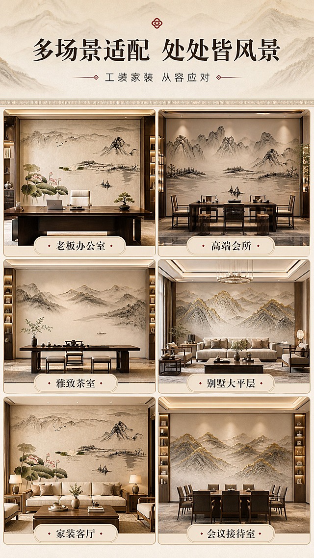 [商品] 使用【图1】【图2】【图3】的刺绣硬包背景墙场景图；保留各款山水刺绣图案与新中式空间氛围；商品处理：保留背景墙刺绣图案、颜色和整体空间风格，统一画面色调为暖米色系，增强空间高级感。
[画面] 目标：多场景应用展示，体现产品适配多种空间。构图：宫格拼图布局，上1/5标题区，下4/5为6格场景拼图（老板办公室、高端会所、茶室、别墅大平层客厅、小户型家装客厅、会议室/接待室各一格）；每格展示不同空间中刺绣背景墙的应用效果；阅读动线从上到下，从左到右。
[视觉] 套系策略：风格=新中式高端雅致商业摄影风；标题字=宋体加粗衬线体，东方韵味；正文字=简洁无衬线黑体；主色=米杏暖白；背景延展=基于米杏暖白做深浅层级、同色渐变和宣纸/布艺质感；强调色=朱砂红+鎏金，仅用于小面积图标、引线、标签和重点字；标题色=深墨褐；正文色=中暖灰；组件=圆角浅底信息卡、细线引线、中式回纹装饰边；光影=各场景统一柔和自然光，空间通透。
[文字] 顶部主标题"多场景适配 处处皆风景"，副标题"工装家装 从容应对"；每格场景下方标注空间名称："老板办公室"、"高端会所"、"雅致茶室"、"别墅大平层"、"家装客厅"、"会议接待室"；文字清晰可读，不遮挡背景墙主体。
[规格] 图片比例9:16竖版，分辨率2K，避免变形、错字、文字过小、冷蓝/冷灰背景、图案失真。