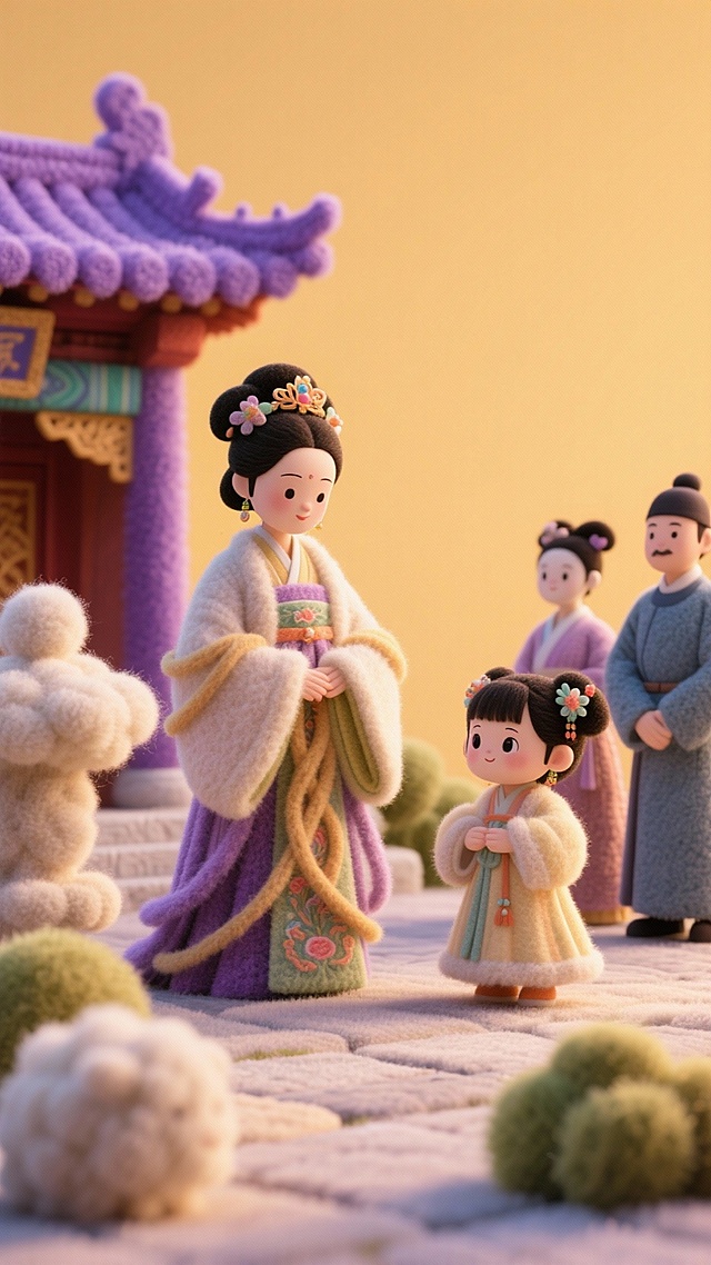紫禁城背景、端妃娘娘、温宜公主、宫女、太监等全部由色彩柔和、质感蓬松的羊毛毡塑造而成。背景是明亮温暖的纯色羊毛毡制作的场景。整体氛围温馨、可爱