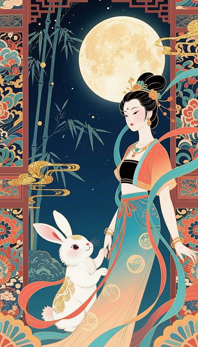 中秋主题，夜空中一轮明亮的满月，嫦娥身着现代中国街头服饰，身旁有一只可爱的玉兔，背景融合中式风格与浮世绘艺术元素，色彩鲜明浓烈，图案繁复精美，传统与现代美学的融合，构图富有动感，细节高度丰富，充满文化元素