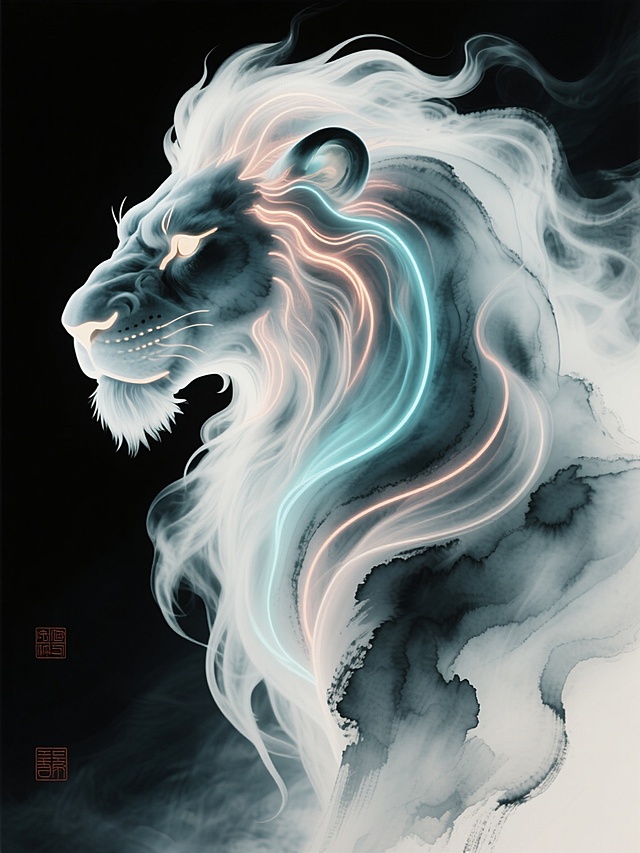 水墨画风格，主体是由霓虹烟雾构成的雄狮，线条如水流般柔和自然且悠长，意识流表现手法，极简构图，水墨意境浓厚，烟雾质感轻盈梦幻，超现实主义风格，3D效果呈现，画面带有拖影和拉丝效果，禅意氛围，背景为纯黑，形成强烈的色彩对比，整体唯美空灵