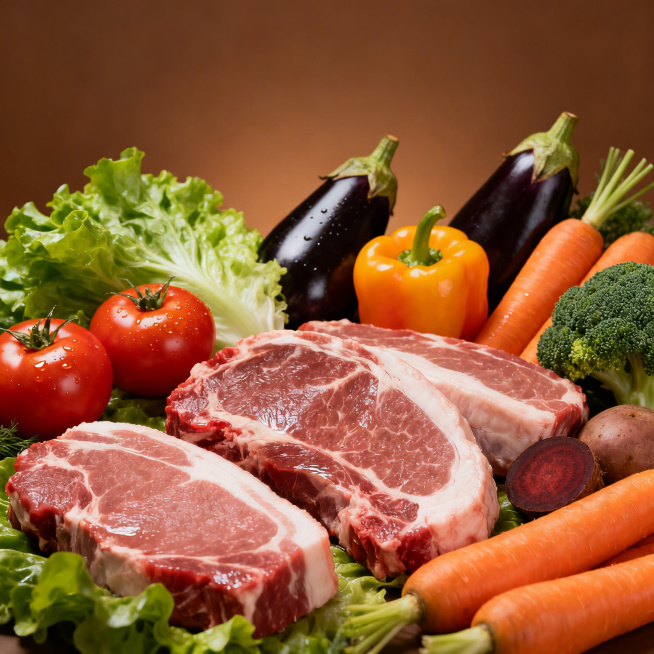 暖棕背景，摆放新鲜猪肉、牛肉等鲜肉，搭配生菜、番茄、彩椒、茄子、胡萝卜、西兰花等新鲜蔬菜水果，自然写实的生鲜食材陈列风格，无文字无LOGO预览效果