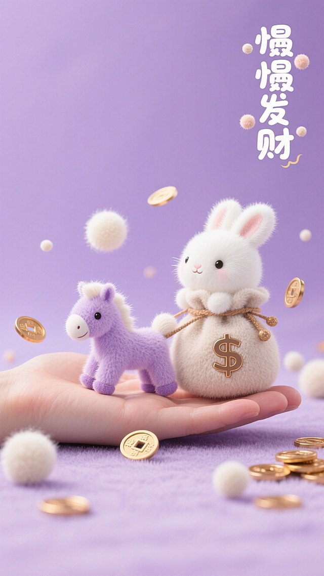 迷你毛茸茸财运壁纸，淡紫色植绒背景，迷你浅紫绒毛小马 + 掌心大的雪白绒毛兔子，两者一起推着毛茸茸钱袋，周围飘着 tiny 绒毛金币、小绒球铜钱，角落手写体‘慢慢发财’（带小绒球装饰），无复杂图案，软萌质感