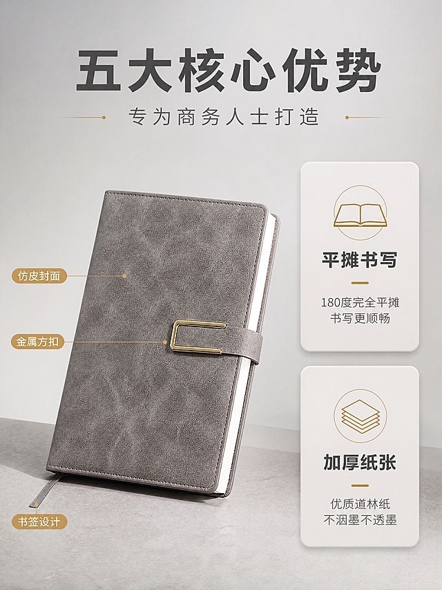 [商品] 使用【图1】A5方扣商务笔记本灰色款；保留灰色仿皮封面、金色金属方扣绑带、书签带、A5尺寸比例；增强皮革纹理和金属质感，不改变产品外观。
[画面] 页面目标：核心卖点总览，快速传递5大核心优势。版式：左1大产品+右2小卡片瀑布流。左侧约55%区域展示笔记本正面大图，微立起角度，主体占画面约45%。右侧上下排列两张圆角信息卡片，每张配小图标和卖点说明。背景为浅灰色渐变，底部有细腻台面纹理。
[视觉] 套系策略：风格=商务简约高级商业摄影；标题字=现代无衬线粗体；正文字=简洁无衬线体；主色=莫兰迪灰；背景延展=基于莫兰迪灰做深浅层级、同色渐变和细腻哑光质感；强调色=哑光金，仅用于小面积图标、引线和标签；标题色=深炭灰；正文色=中暖灰；组件=圆角浅底信息卡、细线引线；光影=左前侧暖柔光，自然柔和阴影。
[文字] 顶部居中主标题"五大核心优势"6字，副标题"专为商务人士打造"8字。右侧两张卡片：上方卡片图标+标题"平摊书写"+说明"180度完全平摊 书写更顺畅"，下方卡片图标+标题"加厚纸张"+说明"优质道林纸 不洇墨不透墨"。左侧产品旁悬浮3个金色小标签："仿皮封面""金属方扣""书签设计"。
[规格] 图片比例3:4竖版，4K，避免变形、错字、文字过小、冷蓝/蓝灰背景、产品颜色改变、icon矩阵单调、连续同构、水印、平台Logo。
