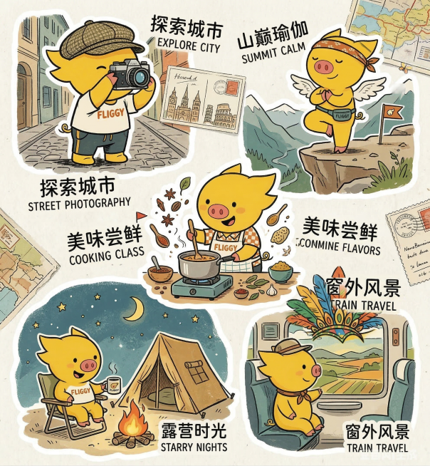 重新生成多幅全新的黄色飞猪IP出行旅行游玩主题动作插画，保持飞猪原有的黄色身体、粉色猪鼻子特征，设计不同的旅行游玩动作和场景，和上一次生成的内容不重复。绘画风格：稚拙手绘，涂鸦风格，潮流艺术，设计师玩预览效果
