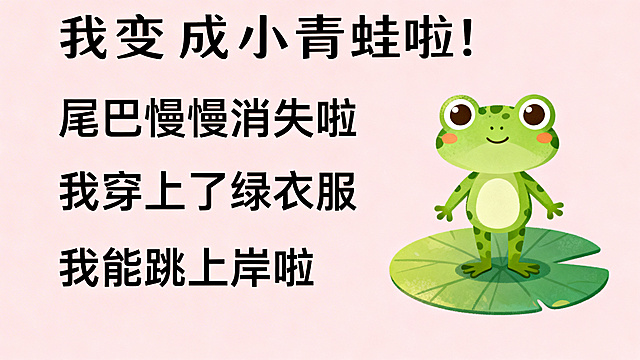 幼儿园PPT内页，标题文字"我变成小青蛙啦！", 文字内容：尾巴慢慢消失啦 我穿上了绿衣服 我能跳上岸啦,卡通绿色小青蛙站在荷叶上插画，浅粉色背景，可爱Q版风格，文字清晰，图文对半排版