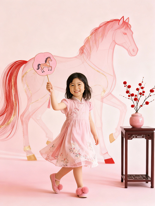 粉色系中式童趣插画风，融合双重曝光与水彩质感，刺绣元素点缀裙摆，梦幻马影环绕，传递甜美可爱与节日喜庆。