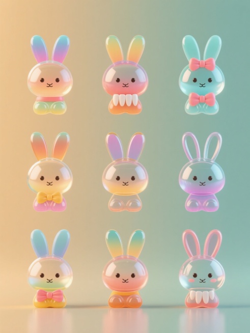 3D立体风格，纯色背景，变换整体色彩，画面中包含多个不同造型的兔子元素系列组合，这些兔子元素规整排布，每个兔子都具有玻璃质感的透明主体，搭配渐变色彩的顶部和底部，部分兔子带有兔牙和蝴蝶结设计，整体光影预览效果
