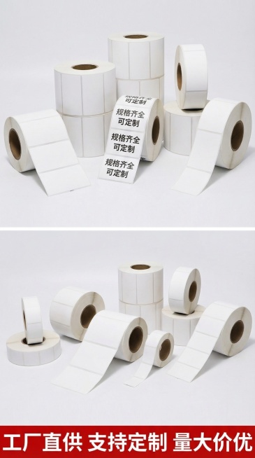 第五张主图，多规格铜版不干胶标签纸整齐排列展示，不同尺寸规格的卷装标签纸平铺摆放，强调规格齐全可定制，底部通栏写加粗文字"工厂直供 支持定制 量大价优"，整体风格和前四张保持统一，拼多多高性价比风格，预览效果