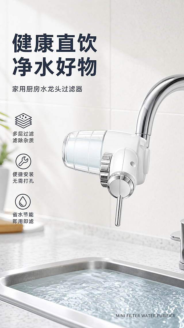 [第1屏] 详情页头图-家用龙头净水器新品宣传海报。
[氛围/风格] 简约清新科技风，明亮厨房场景，商业摄影质感，高级干净。
[元素布局] 白色龙头净水器放置在画面右侧区域，占据画面65%左右主体位置。保持产品原有白色ABS机身，透明滤瓶外壳，亮银色金属调节旋钮和出水嘴，左侧进水开关的结构比例与材质质感和输入产品图保持一致。背景为现代厨房水槽场景，包含银色水龙头、浅灰色石英石台面、浅米色瓷砖墙面，水槽有流动清水作为前景装饰，整体无边框满铺。
[光影质感] 左前方柔和主光源，产品金属配件形成清晰高光反射，整体明亮通透，产品边缘清晰真实，光影层次自然。
[配色色系] 全局底色：#F5F7FA；主体配色：#FFFFFF（产品机身）+#C0C0C0（金属配件）+#E8F4F8（透明滤瓶）；辅助色：#2D3748（文字深色）。
[视角构图] 平视45°斜视角，产品放置在右侧，左侧预留文字排版区域，画面均衡稳定。
[文字版式] 左上角主标题"健康直饮 净水好物"加粗深色字体，字号为画面宽度9%。主标题下方副标题"家用厨房水龙头过滤器"，字号约为主标题40%。左侧下方三个功能点配线性图标：「多层过滤 滤除杂质」「便捷安装 无需打孔」「省水节能 即用即滤」，每个卖点一行，文字与图标左对齐，图标在上文字在下。右下角添加小字号技术角标"MINI FILTER WATER PURIFIER"。文字不遮挡主体产品。
[比例分辨率] 9:16竖版比例，2K分辨率，文字清晰可辨，超高清。
[负向提示词] 产品变形，结构错误，缺件错件，颜色偏差，文字错乱，水印，背景杂乱，厨房场景失真。