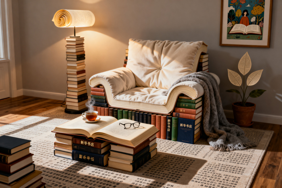 3:2横版，中心聚焦构图，略带仰角视角，温馨居家客厅角落，温暖夕阳光或台灯光线。画面中央单人沙发底座和扶手由无数精装书垒砌而成，坐垫靠背是打开的巨大软质书页带柔软褶皱；旁边立式台灯灯罩是卷曲发光书页，预览效果