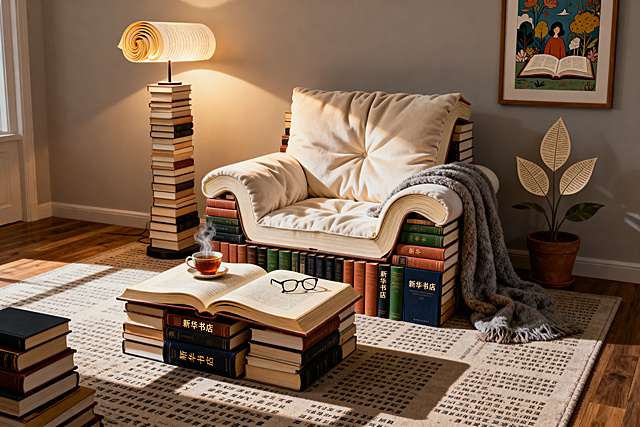 3:2横版，中心聚焦构图，略带仰角视角，温馨居家客厅角落，温暖夕阳光或台灯光线。画面中央单人沙发底座和扶手由无数精装书垒砌而成，坐垫靠背是打开的巨大软质书页带柔软褶皱；旁边立式台灯灯罩是卷曲发光书页，灯柱由一摞书组成；沙发前茶几是打开的超大开本画册，上面放着真实茶杯；地毯纹理是密密麻麻文字，地面有书本堆叠影子；细节：墙上画框里是生动插图，盆栽叶子是书页形状。沙发上搭着真实毛毯，茶几上放着眼镜和一杯冒着热气的茶。一束光照亮书沙发主体，光影分明，突出书籍质感。主色调为暖色调，书籍米白、赭石、墨绿、深蓝，搭配家居木色、暖灰与毯子柔和色彩，温暖集中有戏剧感光线，营造高级宁静充满智慧的阅读氛围。在垒砌沙发的书脊上巧妙设计带有新华书店标识的书封，自然嵌入品牌信息。