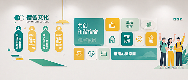 设计企业宿舍文化墙，尺寸长3米高1.4米，采用清新的两三种企业配色，融入文案内容：宿舍文化，自律自省修身正己礼让包容和睦相处清雅整洁舒心栖居诚信友善温暖相伴，核心标语共创和谐宿舍搭建心灵家园，参考示例图中的排版结构，风格简约现代，适合企业员工宿舍墙面文化设计