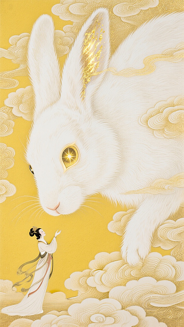 对角线构图，一个被祥云遮挡只露出朦胧头部的巨大的兔子（眼睛有星光效果，浑身白色的细腻如丝的发光拉丝毛发间带有金色的光丝）低头看着下方的嫦娥（对视互动，嫦娥手摸着兔子的头），大面积留白，概念视觉，朦胧，梦幻，画面呈现明黄色，搭配金色点缀，主体突出