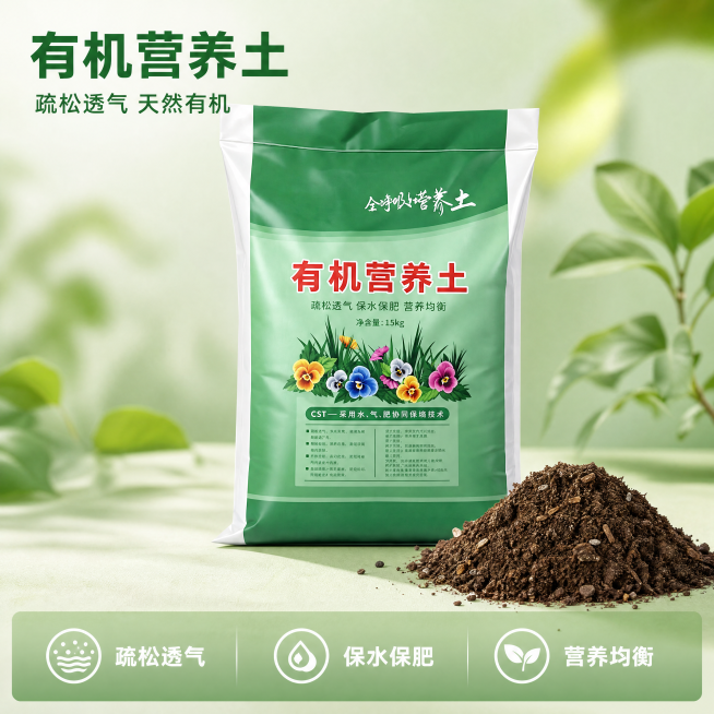 [主图-1] 有机营养土产品首图展示。
[氛围风格] 清新自然的园艺产品风；
[画质] 商业摄影质感、光线柔和通透、产品清晰真实、画面干净高级。
[元素] 绿白包装袋装有机营养土居中摆放，包装袋右下侧预览效果