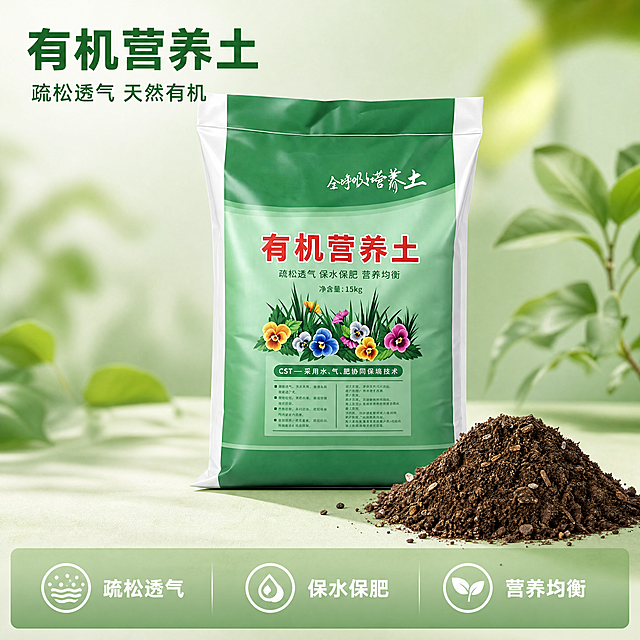 [主图-1] 有机营养土产品首图展示。
[氛围风格] 清新自然的园艺产品风；
[画质] 商业摄影质感、光线柔和通透、产品清晰真实、画面干净高级。
[元素] 绿白包装袋装有机营养土居中摆放，包装袋右下侧搭配一小堆散装营养土实物展示，背景搭配浅绿简约园艺风底衬，画面干净简约。保持有机营养土包装袋外观、物理结构、材质质感、颜色与输入产品图绝对一致，杜绝任何变形和色差，精细化处理。商品主体占比严格控制在65%左右；画面满屏无边框。
[光影] 明亮均匀柔光从正面照射，凸显包装袋纹理和营养土质感，阴影过渡柔和，整体通透干净。
[配色] 主色调自然绿，搭配白色和营养土本色，清新干净。
[视角构图] 平视拍摄，产品居中完整呈现，景深适中，轮廓完整不裁切。
[文字版式] 左上安全区左对齐，大字主文案“有机营养土”绿色粗体无衬线；辅助短句“疏松透气 天然有机”约半高同色系，清晰易读不遮挡主体。底部通栏半透明渐变蒙层均分三列：列一 “疏松透气”列二 “保水保肥”列三 “营养均衡”，文字清晰对比分明。
[比例分辨率] 1:1 比例，4k 分辨率；文字清晰锐利，画面超高清。
[负向提示词] 变形，水印，文字错乱，产品图模糊，背景杂乱，文字遮挡主体