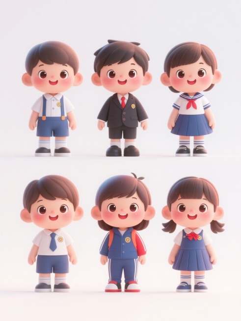 6个Q版可爱卡通风格儿童系列素材套系，每个儿童都具有圆润饱满的头部和四肢、大大的闪亮眼睛、红扑扑的脸颊和甜美笑容的典型Q版特征，3D渲染质感，平滑细腻的渐变色彩过渡，明亮活泼的光影效果，柔和的高光与自然的阴影细节，每个儿童穿着不同款式的校服，包括但不限于短袖衬衫搭配背带短裤、水手服、西装式校服、运动款校服、连衣裙式校服等，色彩搭配协调且符合各自校服款式特点，保持整体风格统一性，白色背景突出主体。预览效果