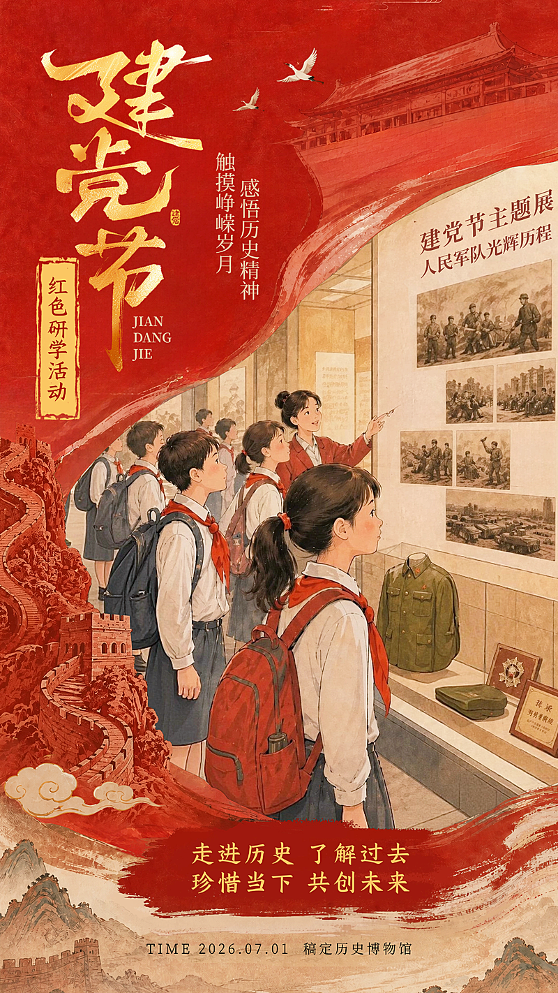 71建党节红色研学活动宣传手机实景风竖版海报