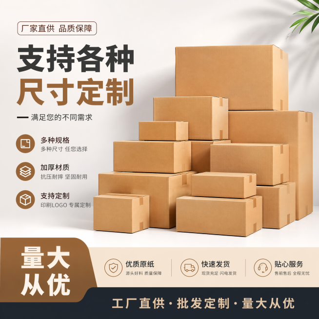 一张创意电商宣传图，主体是整齐堆叠的各种尺寸瓦楞纸箱，背景干净简洁，画面突出展示卖点，文案包含"支持各种尺寸定制""量大从优"，风格简约大气，适合批发推广预览效果