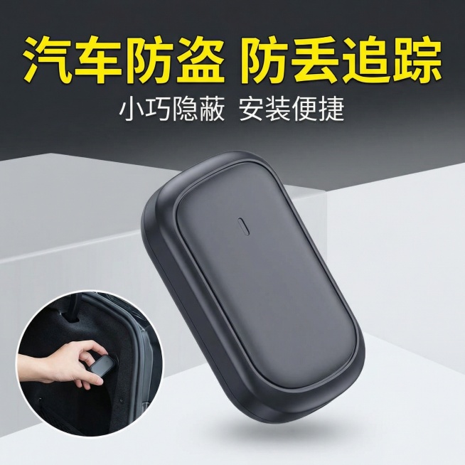 [主图4] 迷你GPS定位器汽车防盗场景展示，浅灰极简背景，定位器主体放大放中，左下角叠加汽车后备箱安装场景缩略图，展示实际使用效果。主标题“汽车防盗 防丢追踪”加粗醒目黄色字体，副标题“小巧隐蔽 安预览效果