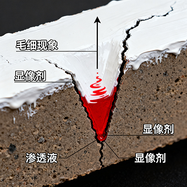 微观渗透检测原理示意图，展示物体截面，物体表面有一道V型开口裂纹，裂纹内部涂红色代表"渗透液"，物体表面覆盖一层白色涂层代表"显像剂"，绘制一个向上的细箭头表示红色液体被吸出扩散，在图上标注文字"毛细现象"、"显像剂"、"渗透液"，科学示意图风格，清晰标注