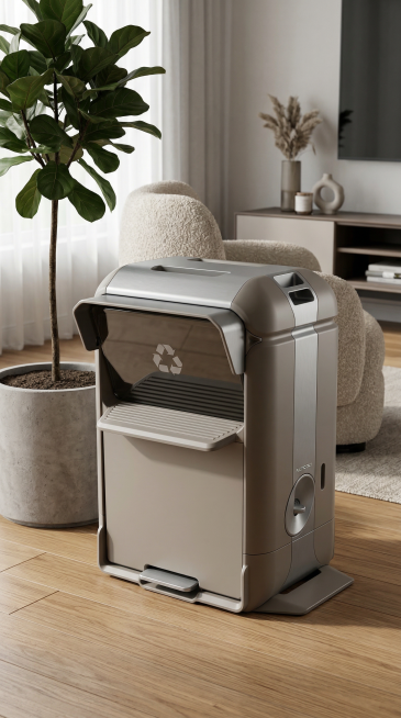 plastic recycling bin with the exact same shape as the sketch, clean sophisticated color palette, re预览效果