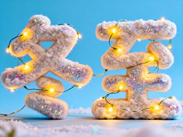 中文艺术字“冬至”，字体由带有闪粉的羊毛毡堆积而成，表面点缀着发光的小灯串，灯串散发黄色的暖光。背景是清透的蓝色，绘本风格。