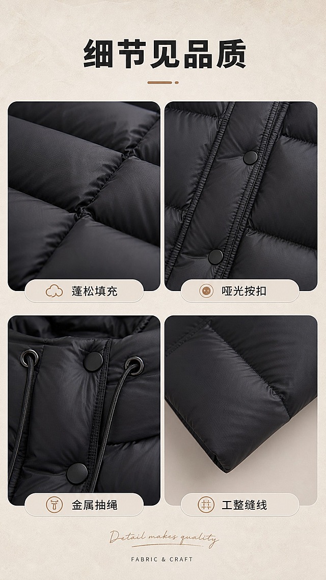[商品] 使用【图1】黑色连帽短款羽绒服；商品处理：保留连帽抽绳、按扣门襟、插肩袖、横向绗缝方格、短款廓形、口袋、黑色面料颜色和蓬松质感；自然去除衣身杂乱褶皱，理顺垂坠，增强面料纹理、缝线、按扣和抽绳五金质感，不改变版型和结构。
[画面] 目标：面料工艺细节页，展示品质感与做工。构图：2×2宫格布局，4个细节特写分别为：左上-面料微距（展示细腻尼龙面料纹理与蓬松羽绒填充感）、右上-按扣门襟特写（展示哑光按扣与细密缝线）、左下-连帽抽绳孔特写（展示金属气眼与抽绳质感）、右下-袖口与绗缝缝线特写（展示工整车线）；每格下方有小标签，背景为浅米杏色纸张质感，整体精致高级。
[视觉] 套系策略：风格=韩系简约高级商业摄影；标题字=现代无衬线粗体（思源黑体Heavy）；正文字=简洁无衬线体（思源黑体Regular）；主色=炭黑+米杏；背景延展=基于米杏、暖灰做深浅层级、同色渐变和细腻水泥/纸张质感；强调色=奶咖棕，仅用于小面积图标、引线和标签；标题色=深炭黑；正文色=中暖灰；组件=圆角浅底信息卡、细线引线、手写英文小字装饰；光影=侧前柔光，突出面料肌理与缝线立体感。
[文字] 顶部主标题「细节见品质」，每个宫格下方配短标签：蓬松填充、哑光按扣、金属抽绳、工整缝线；底部小号英文「FABRIC & CRAFT」；所有文字横排，字号适中，手机端清晰可读。
[规格] 图片比例9:16竖版，4K，避免变形、错字、文字过小、冷蓝/蓝灰背景、衣服颜色改变、版型失真、绝对化用语。