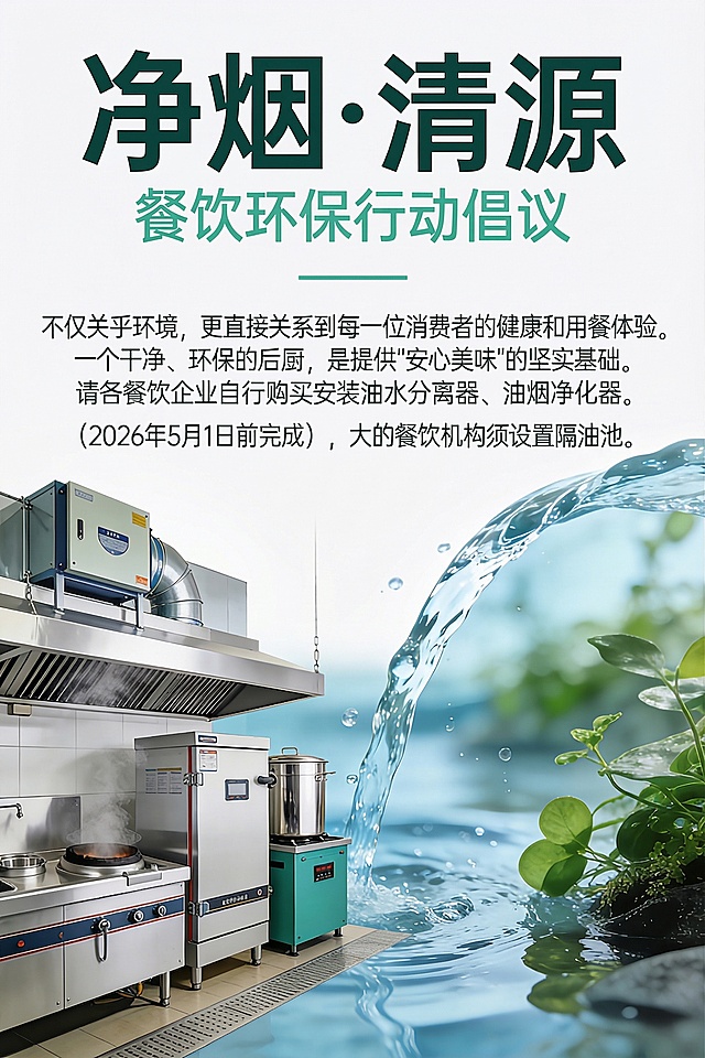 基于这张参考图优化设计，保留现有简洁排版和所有正确文字内容：标题“净烟·清源”副标题“餐饮环保行动倡议”和正文要求，保留干净的后厨油烟净化设备展示和清新水波纹绿植元素，优化整体清晰度和色彩，保持简洁整洁的风格，去除多余杂质，让画面更协调美观。