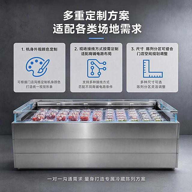 [第5张] 详情页-个性化定制服务，多重定制方案主题。本张使用【图1】作为商品主体。
[氛围/风格] 专业定制服务感，工业风底色上增加灵活可塑的视觉语言，商业摄影质感。
[元素布局] 卧式敞口冷藏柜置于画面底部，占比约40%，正面全景展示。上方为定制服务内容区，3个定制项以卡片形式横向排列，每张卡片配对应图标（调色板图标/电路图标/尺寸标尺图标）。卡片上方为主标题区。背景为浅灰到深灰渐变工业风背景，简洁专业。保持冷藏柜外观结构、材质、颜色与输入产品图完全一致。
[光影质感] 柔和均匀的顶部主光，不锈钢机身有自然高光，整体光线明亮干净，传递专业可信的感觉。
[配色色系] 全局底色浅灰到深灰渐变；主色不锈钢银灰；辅助色白色+浅灰；强调色白色文字+淡蓝色图标点缀。
[视角构图] 正面平视角度，柜体位于画面底部，上半部分为文案和定制卡片区域，构图稳重平衡。
[文字版式] 顶部居中主标题。主标题「多重定制方案 适配各类场地需求」，白色粗体大号字。下方3个定制项卡片横向排列，每张卡片内有编号+图标+说明：卡片1「1. 机身外观颜色定制」；卡片2「2. 现场接线方式按需定制 适配商铺电路布局」；卡片3「3. 尺寸 陈列分区可结合门店空间规划调整」。底部服务承诺一行居中：「一对一沟通需求 量身打造专属冷藏陈列方案」，浅灰色字。
[比例分辨率] 1:1正方形比例，4K分辨率，文字清晰可辨，高清画质。
[负向提示词] 变形，水印，文字错乱，文字过小，缺件错件，结构错误，颜色偏差，产品图模糊，背景杂乱，电商平台Logo。