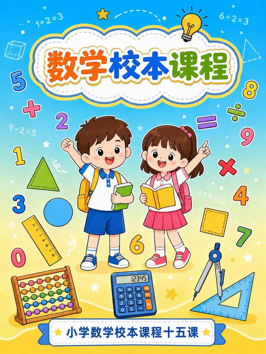 将图片底部蓝色飘带白色框内的文字"十五课"修改为"小学数学校本… - 图片创意预览