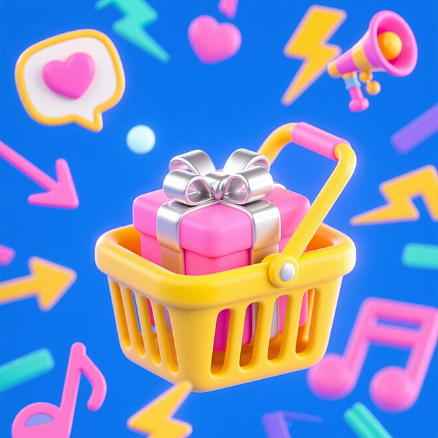 黄色购物篮里的粉色礼盒，礼盒带银色蝴蝶结、周围点缀多彩闪电、桃心、气泡框、箭头、喇叭、音符形状装饰