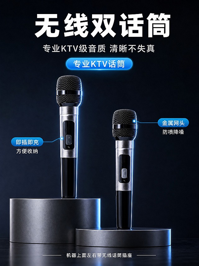 [主图-2] 产品证据/结构细节：无线双话筒专业品质特写。
[统一基调] 风格=现代简约科技家居风；背景主色=深灰蓝渐变（高级感）；标题字色=白色；辅助字色=浅灰；强调色=冰蓝色；字体=粗黑无衬线简体中文+简洁无衬线正文；组件=蓝色胶囊标签、细线引线。
[画面] 使用【图1】双无线话筒特写。3:4竖版构图，两支话筒分别放置在高低不同的金属圆形展示台上，错落有致，一高一低形成视觉层次。深色背景，突出话筒质感和细节。左侧话筒正面展示按键和显示屏，右侧话筒稍低展示网头和机身细节。产品占画面约55%。
[光影质感] 商业摄影质感，侧逆光勾勒话筒金属轮廓，正面补光清晰展示网头纹理和按键细节，金属质感真实，反光自然，底部有柔和倒影。
[配色] 主色深灰蓝，强调色冰蓝色用于轮廓光和标签，标题白色，正文浅灰色。
[文字版式] 顶部主标题"无线双话筒"，副标题"专业KTV级音质 清晰不失真"，中间蓝色发光胶囊标签"专业KTV话筒"，下方用细线引线标注两个细节："金属网头 防喷降噪"、"即插即充 方便收纳"，底部补充"机器上面左右带无线话筒插座"。文字全部横排。
[输出要求] 3:4竖版，1536x2048，2K，文字清晰可读，产品清晰不变形，无错字，无平台Logo，无水印，无竖排文字。